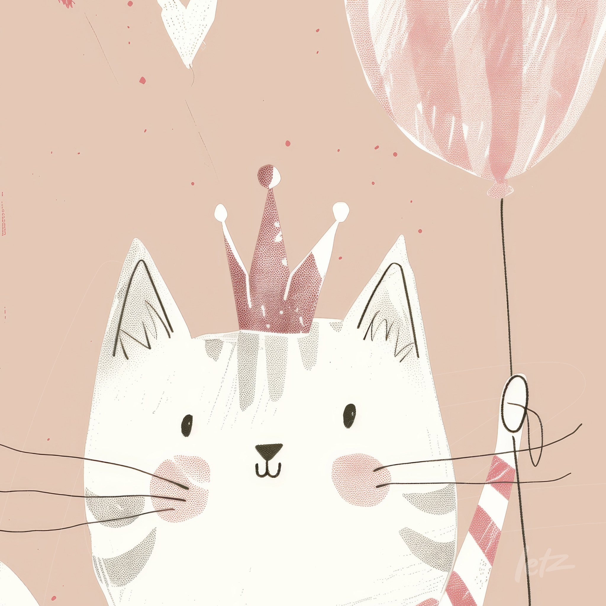 cute digital illustration of a cat wearing a crown and holding a pink balloon against a peach background