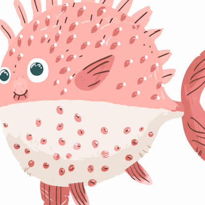 illustration of a curious pink fish with spikes and oversized eyes
