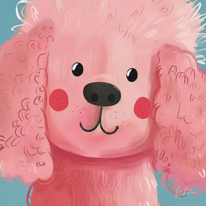 illustration of a pink poodle with fluffy fur and friendly facial expression, blue background