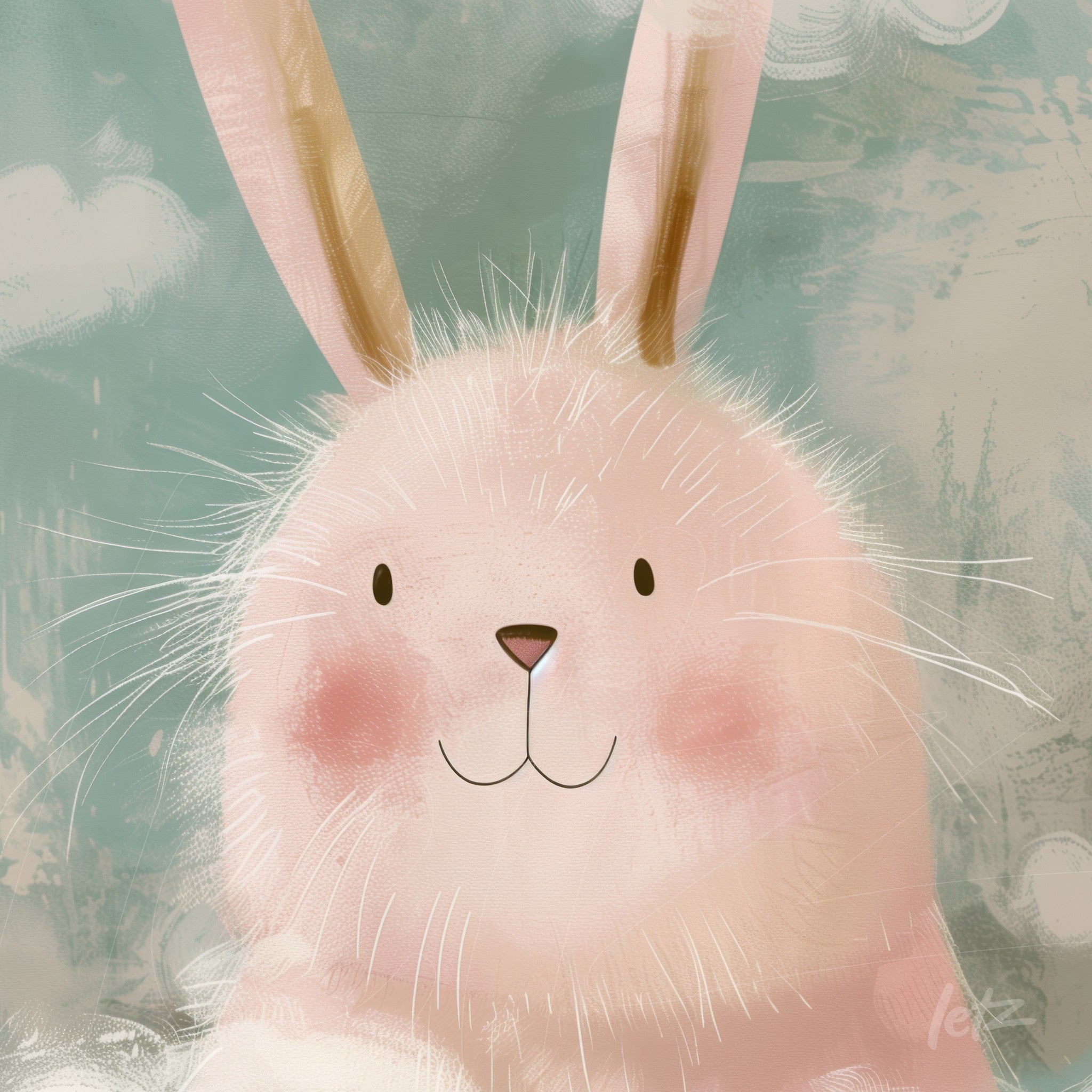 framed artwork featuring a cute pink rabbit against a soft blue background