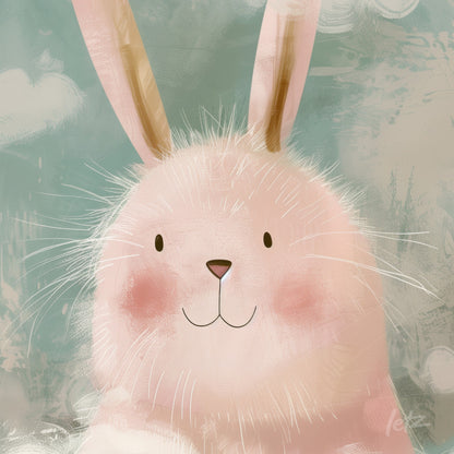 framed artwork featuring a cute pink rabbit against a soft blue background