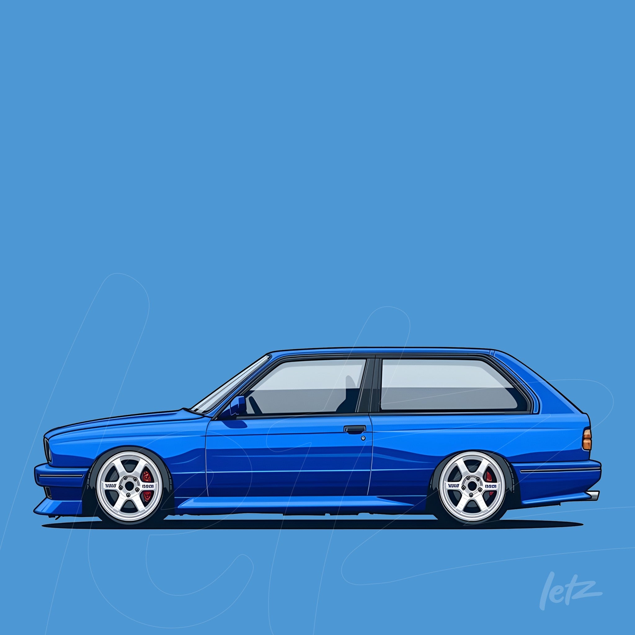 illustration of a blue compact car on blue background with silver wheels and aerodynamic design