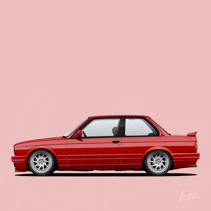 digital artwork of a red sports car on a light pink background featuring chrome wheels and a low profile