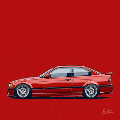 illustration of a red sports car with black accents on a vibrant red background