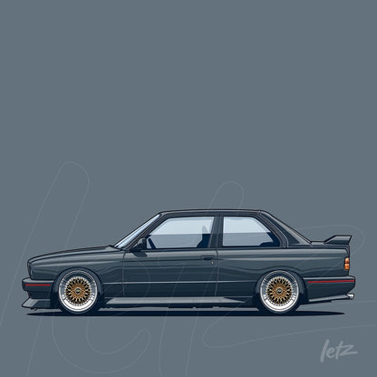 digital art of a gray sports car on dark blue background with red accents