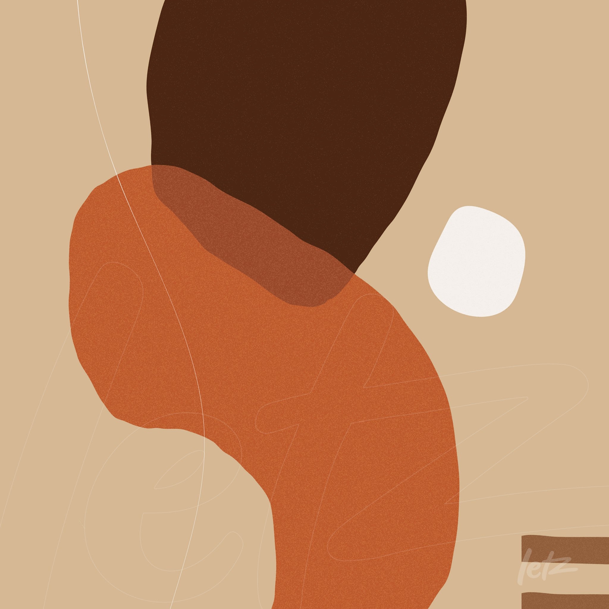 abstract art featuring organic shapes in earthy tones of brown, orange, and beige against a light background