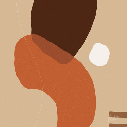 abstract art featuring organic shapes in earthy tones of brown, orange, and beige against a light background