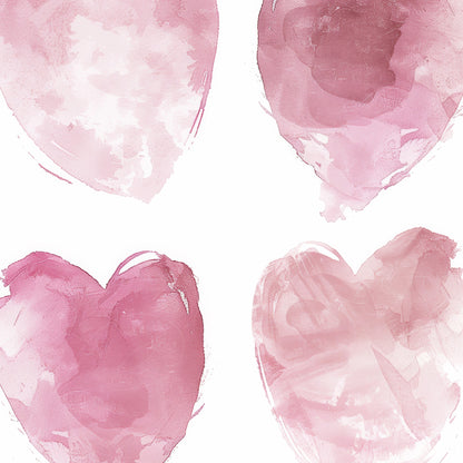 abstract wall art featuring hearts in various shades of pink on a white background