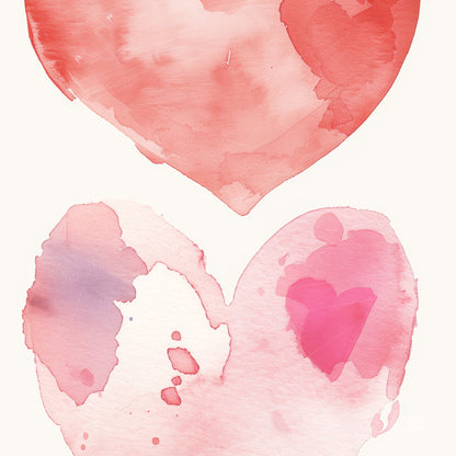 digital artwork featuring two hearts in shades of pink and red on a light watercolor background