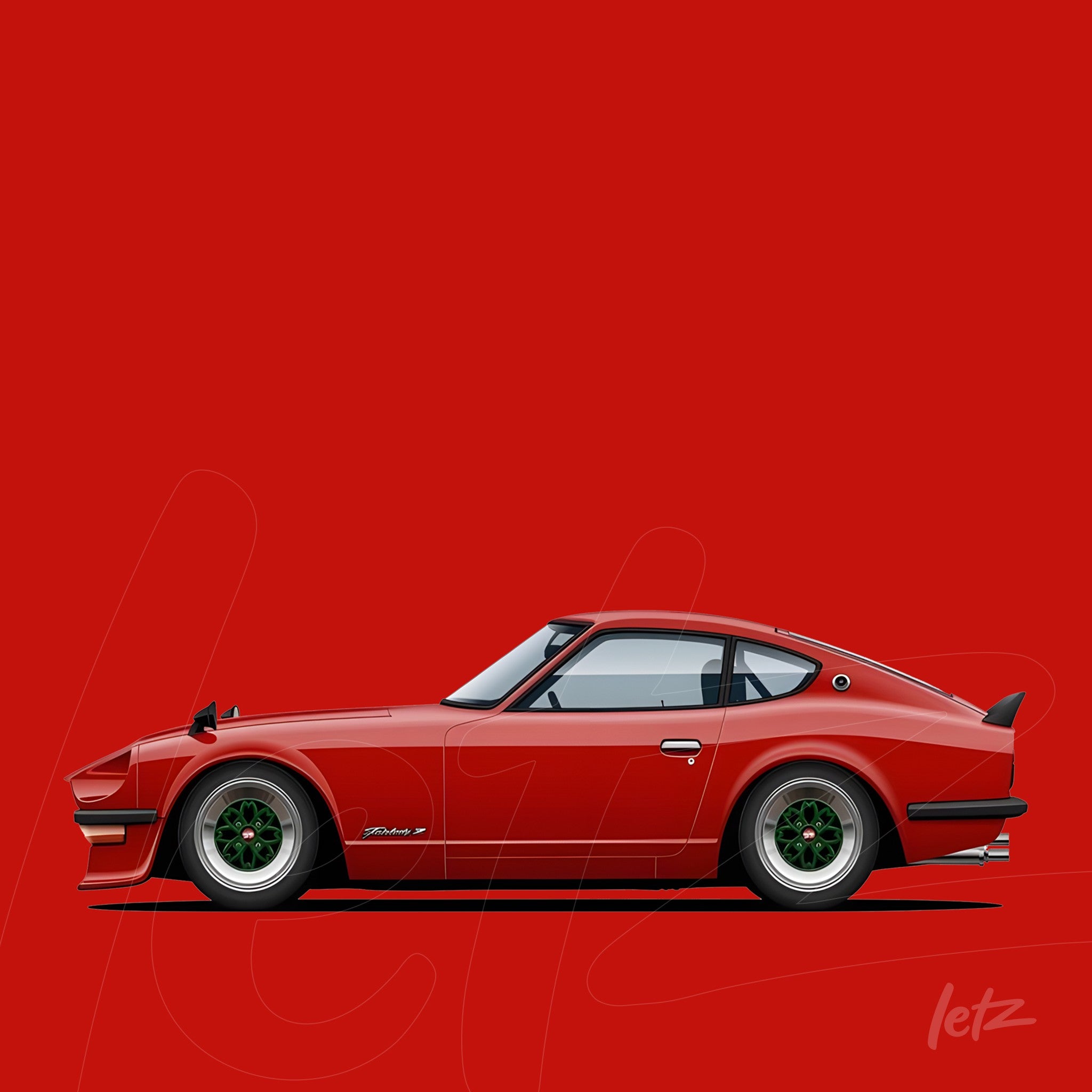 digital art print of a red sports car on a red background