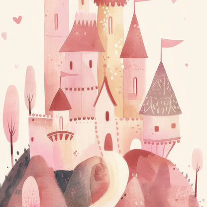 digital artwork of a pink and red castle with soft shapes and a winding path