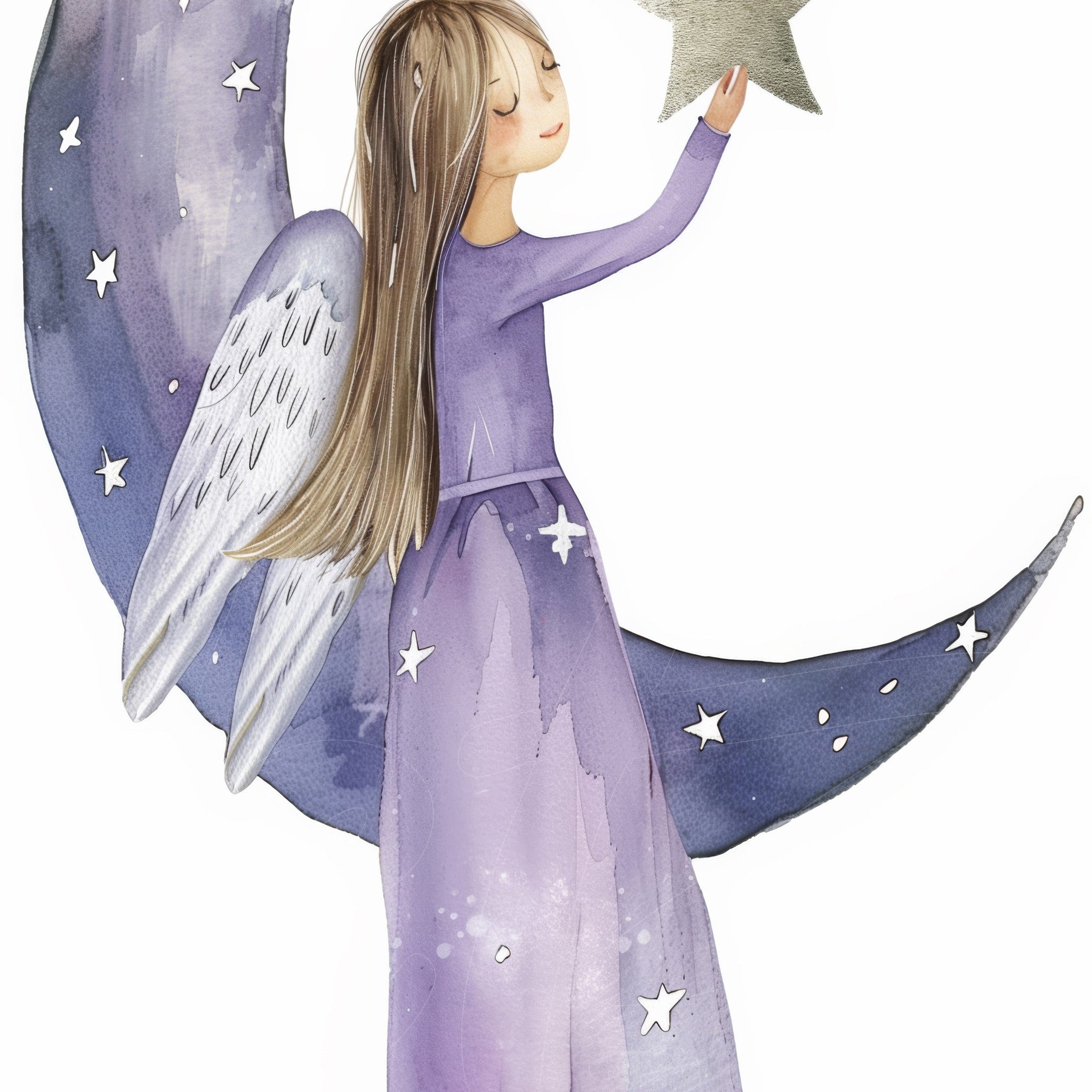 illustration of a girl with angel wings holding a star above a purple crescent moon