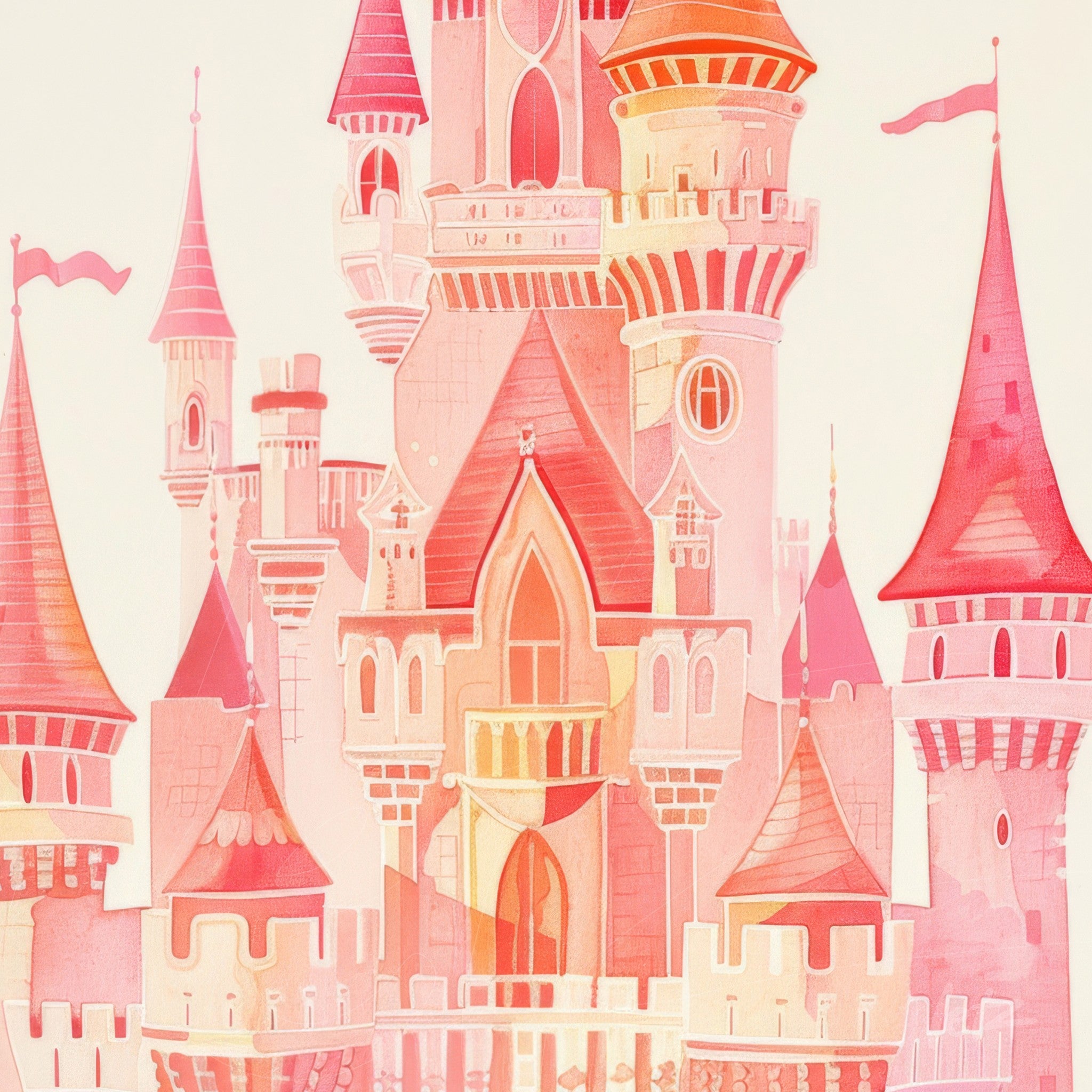 digital artwork of a fantasy castle in shades of pink featuring towers and flags atop