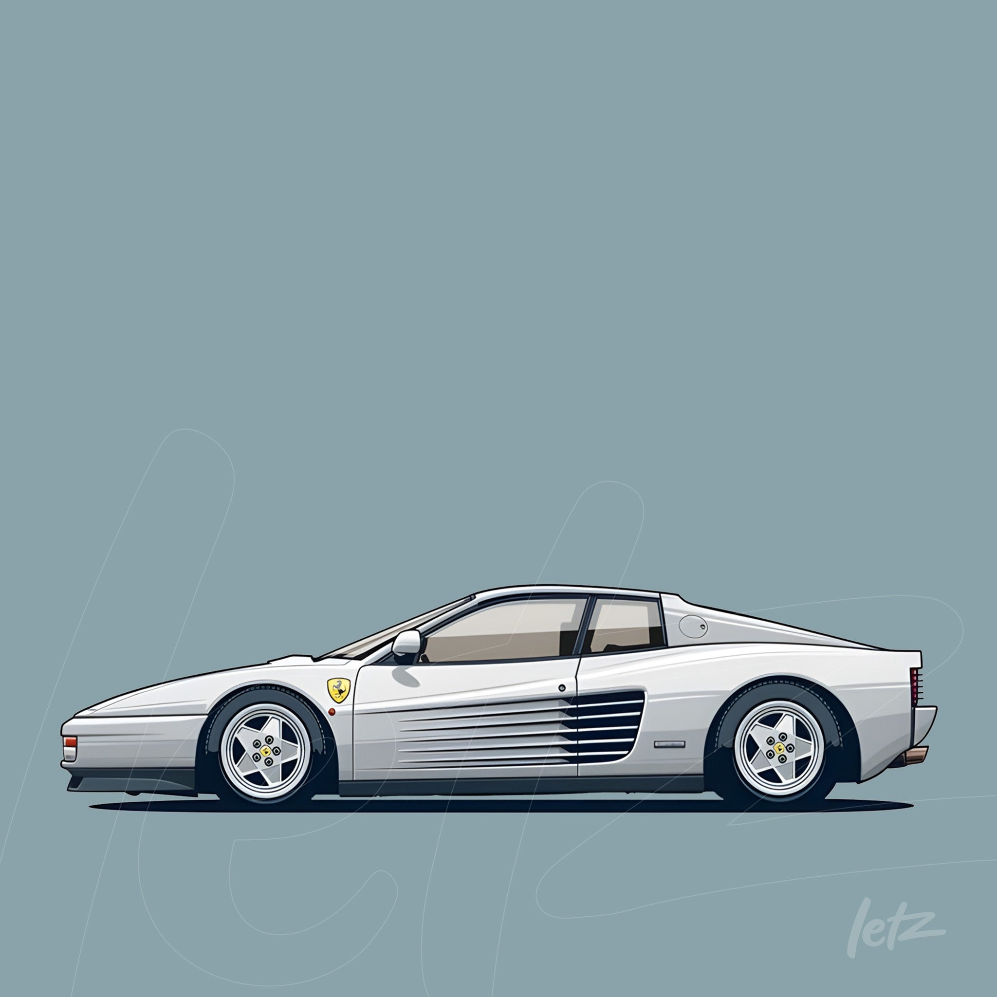 framed artwork featuring a digital illustration of a silver sports car on light blue background