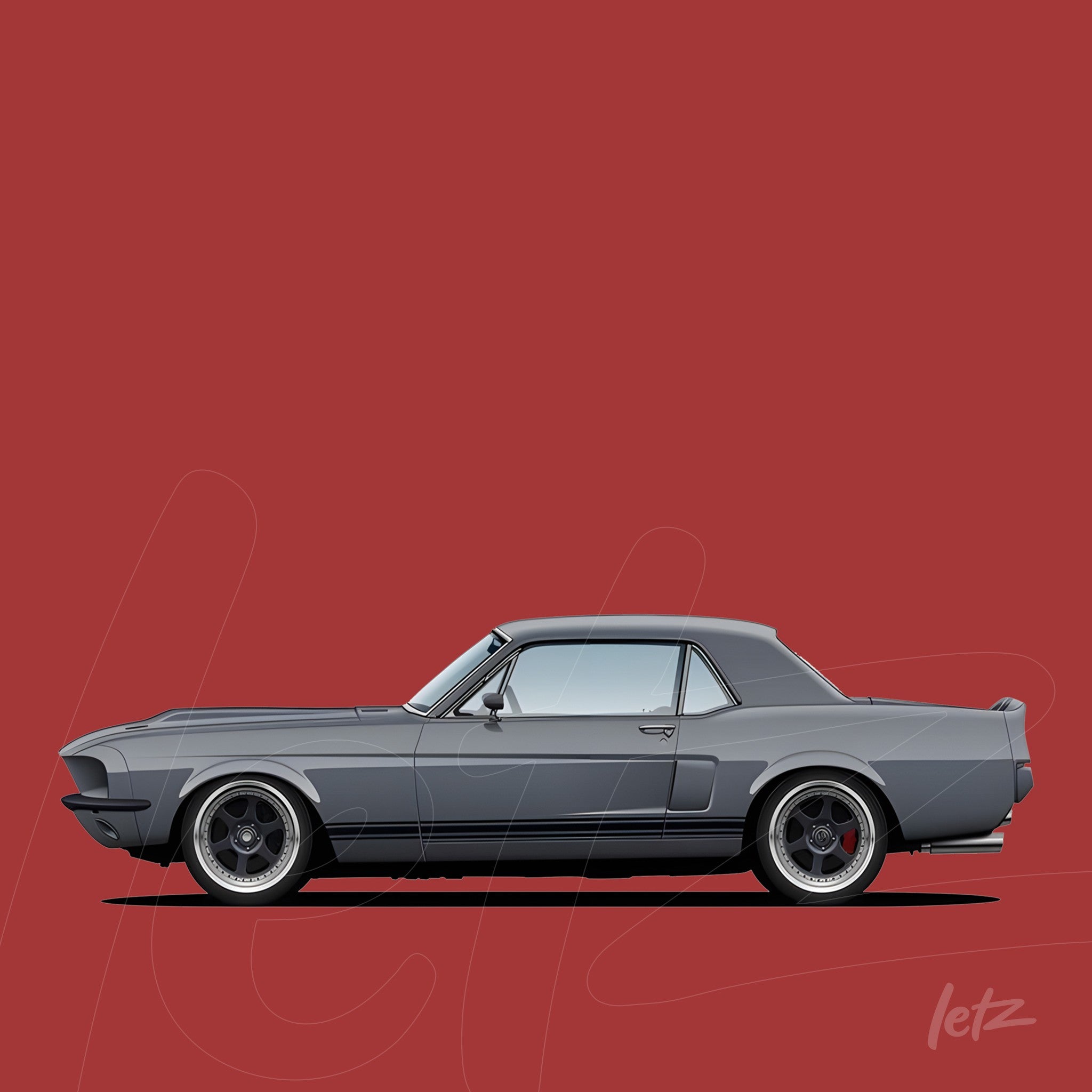 digital illustration of a gray retro sports car against a red background