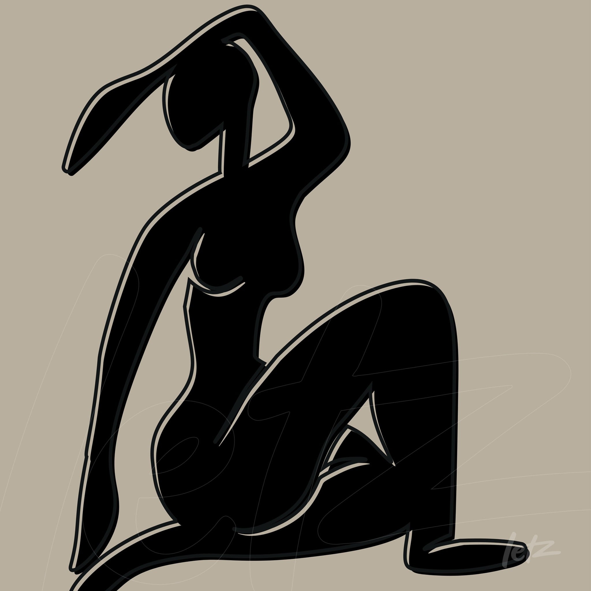 abstract art of a female silhouette against a beige background with bold outlines