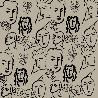 abstract art featuring stylized faces with fine lines and diverse expressions on a neutral background