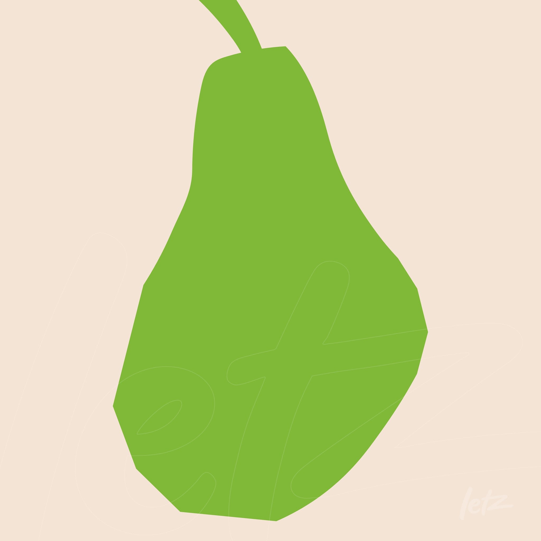 framed art featuring a minimalist illustration of a green pear on a light background