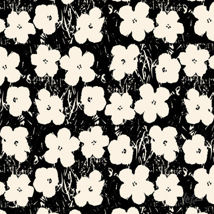 graphic background design featuring white flowers on black background