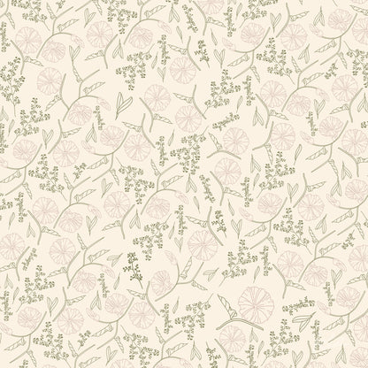 decorative fabric with floral and leaf pattern in soft pink and green tones on light background