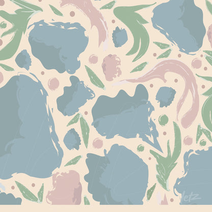 abstract wall art featuring organic shapes in shades of blue and pink on a cream background