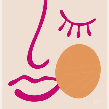 abstract wall art featuring a stylized face profile in pink and orange tones on a light background