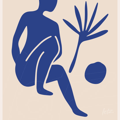 abstract artwork in blue featuring a seated human figure, a plant, and an oval shape on a light background