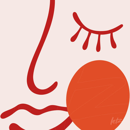 abstract artwork featuring a face with red lines on a light background, highlighting an orange circle