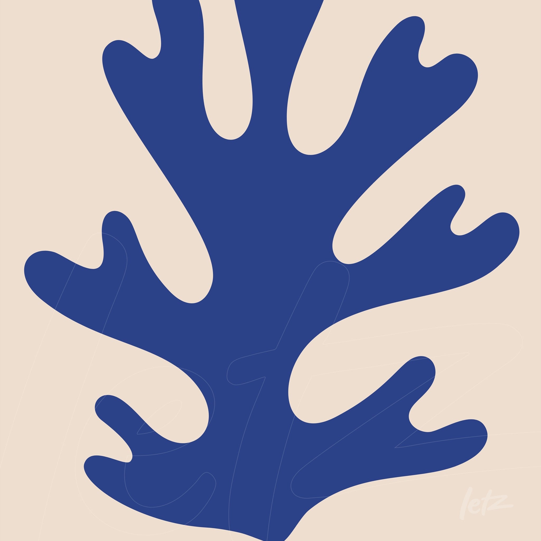 abstract blue art of a leaf design on light pink background