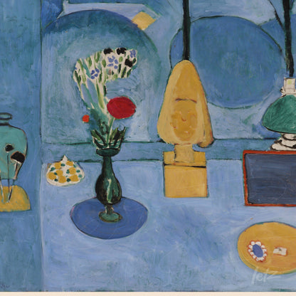 modern art painting of a still life on a blue background featuring flowers in a green vase, a yellow sculpture, and various decorative objects