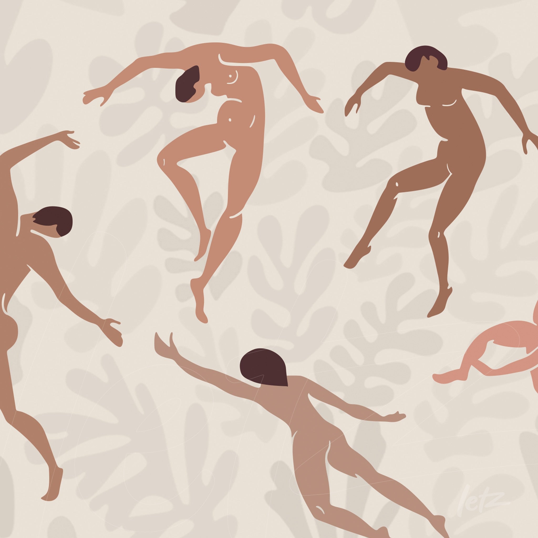 digital art featuring silhouettes of nude dancers in dynamic poses on a light background with soft patterns