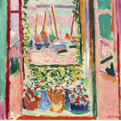 vibrant painting of a window framed by green plants and colorful flowers against a cheerful background in shades of pink and blue