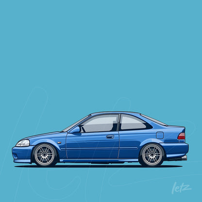 digital illustration of a blue sports car with silver details against a light blue background