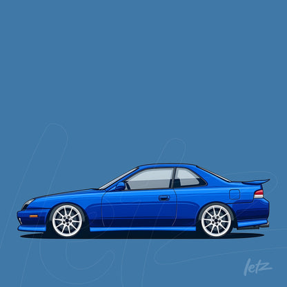 illustration of a blue sports car on blue background with silver details and alloy wheels