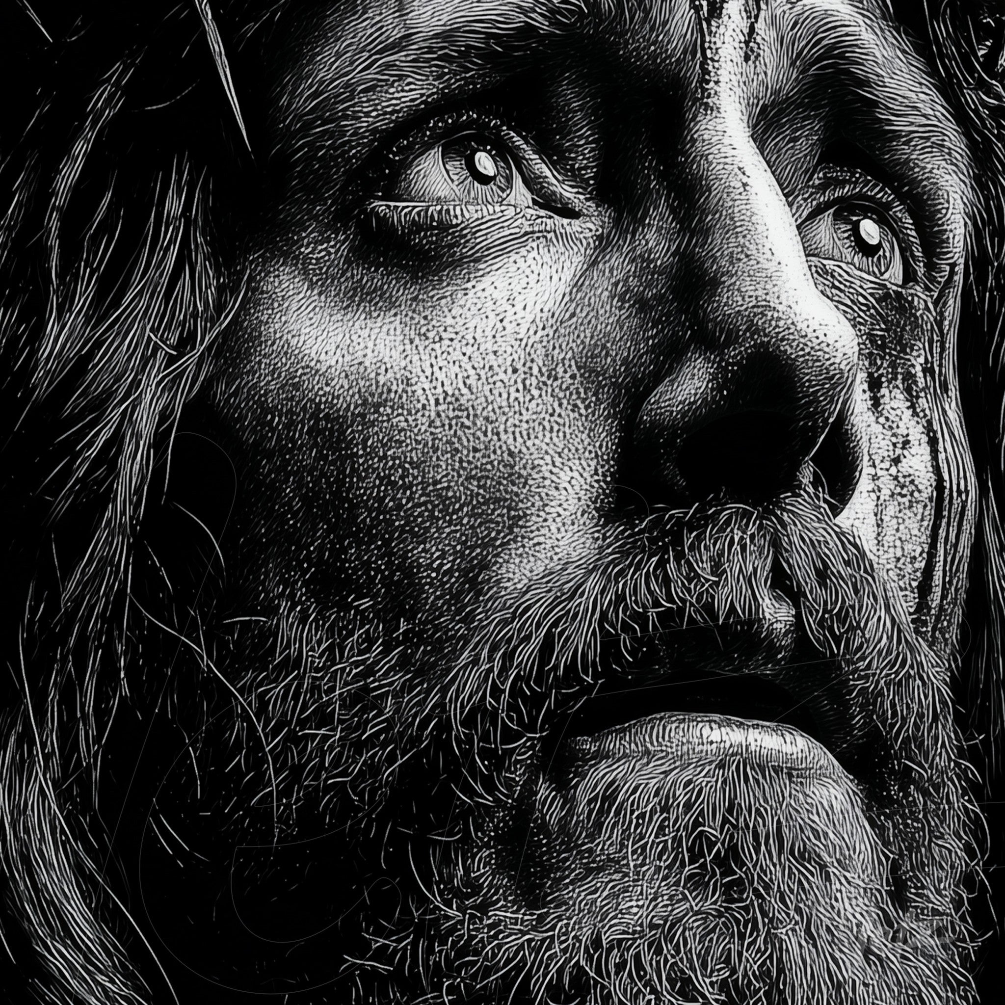 black and white illustration of a man with an intense expression, highlighting facial and beard details