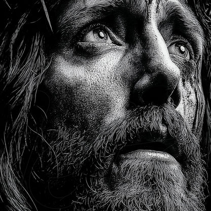 black and white illustration of a man with an intense expression, highlighting facial and beard details