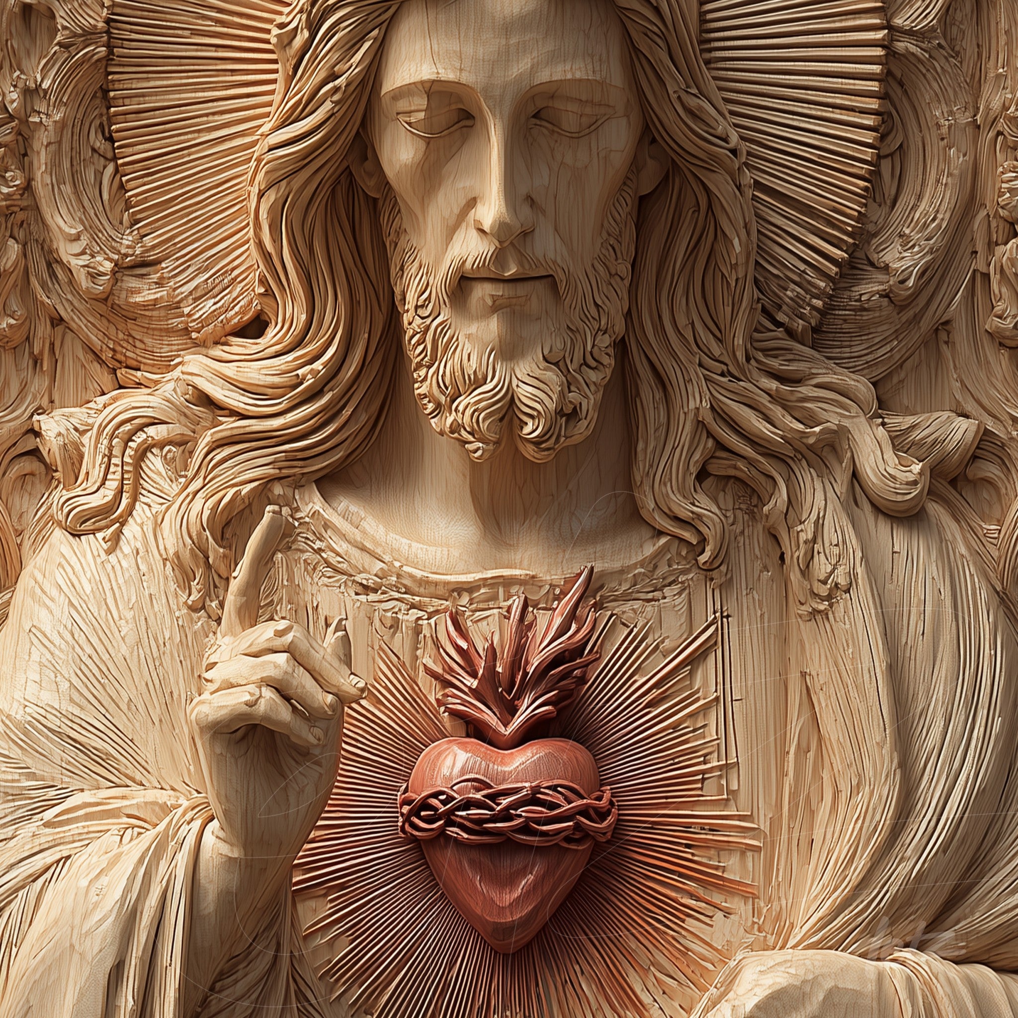relief art featuring jesus christ with sacred heart design in wood tones