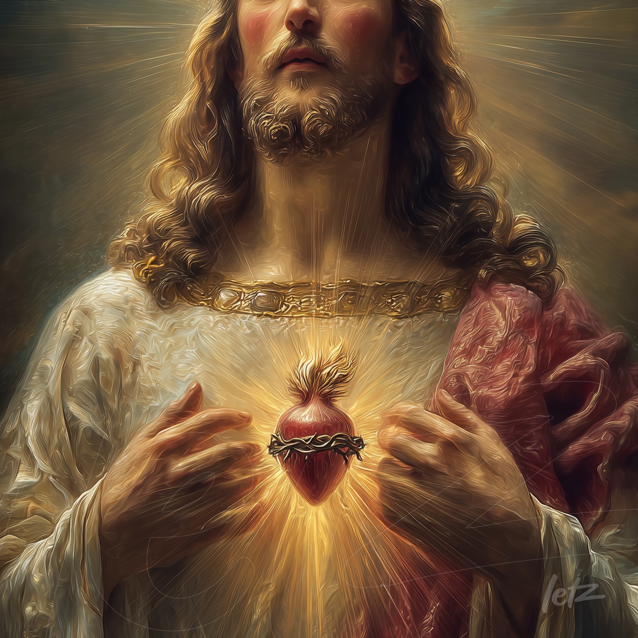 religious artwork depicting Christ holding a flaming heart, wearing a light robe and red mantle