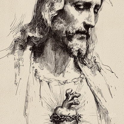 vintage style wall art illustration of Jesus Christ featuring a sacred heart with fine line details