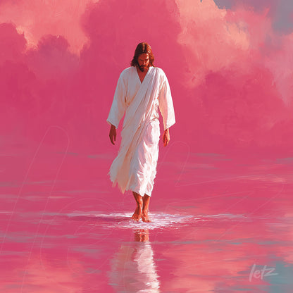 artistic depiction of Jesus walking on water against a soft pink background with clouds
