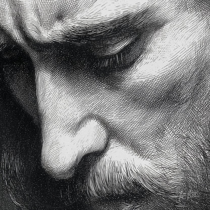 black and white portrait of a man with deep facial expressions and intricate skin textures