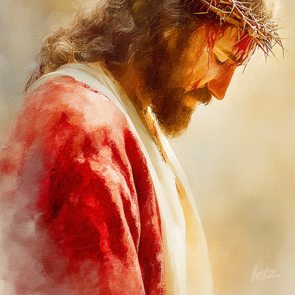 digital artwork of Jesus Christ wearing a crown of thorns in shades of red and gold