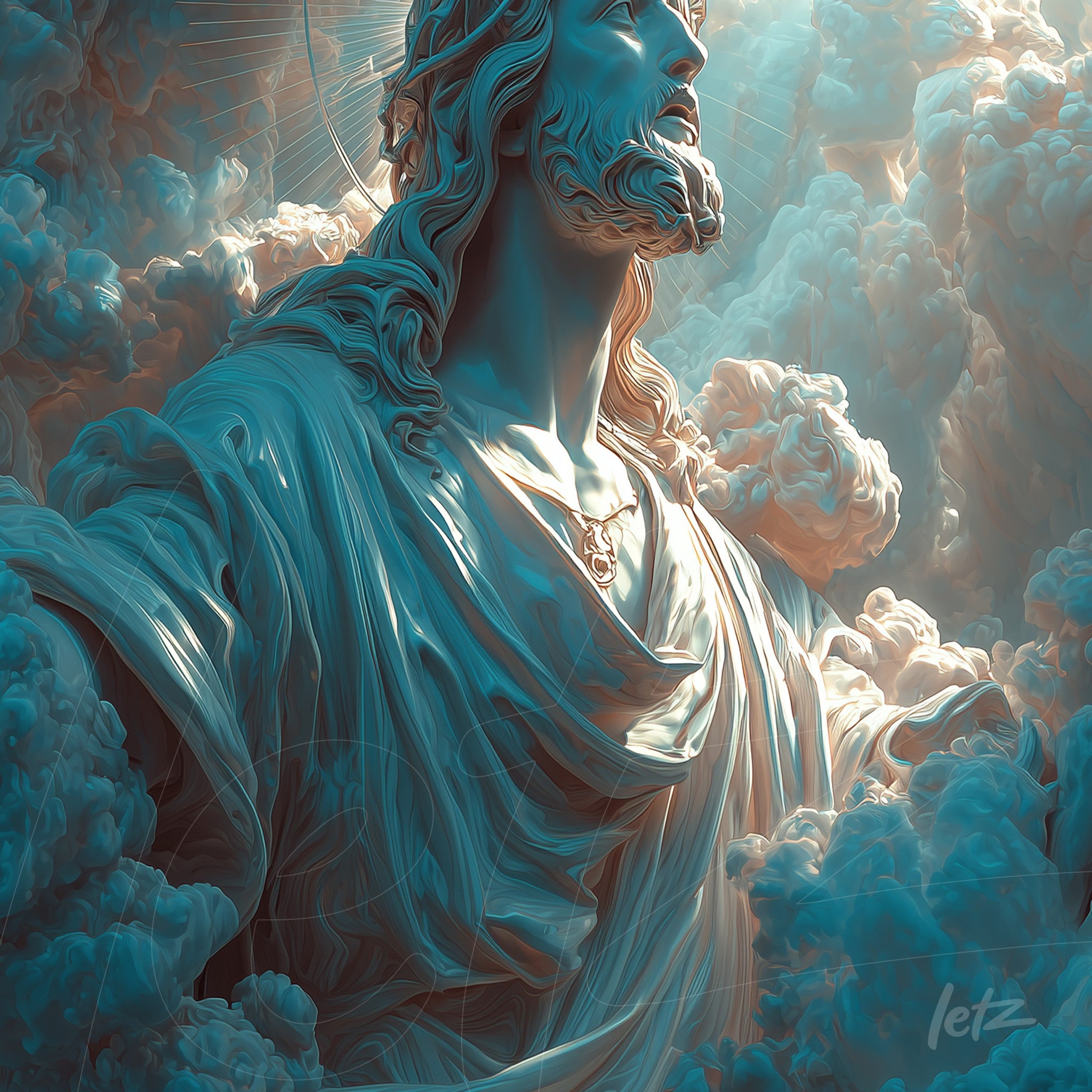 blue-toned sculpture of Christ surrounded by clouds with a contemplative expression