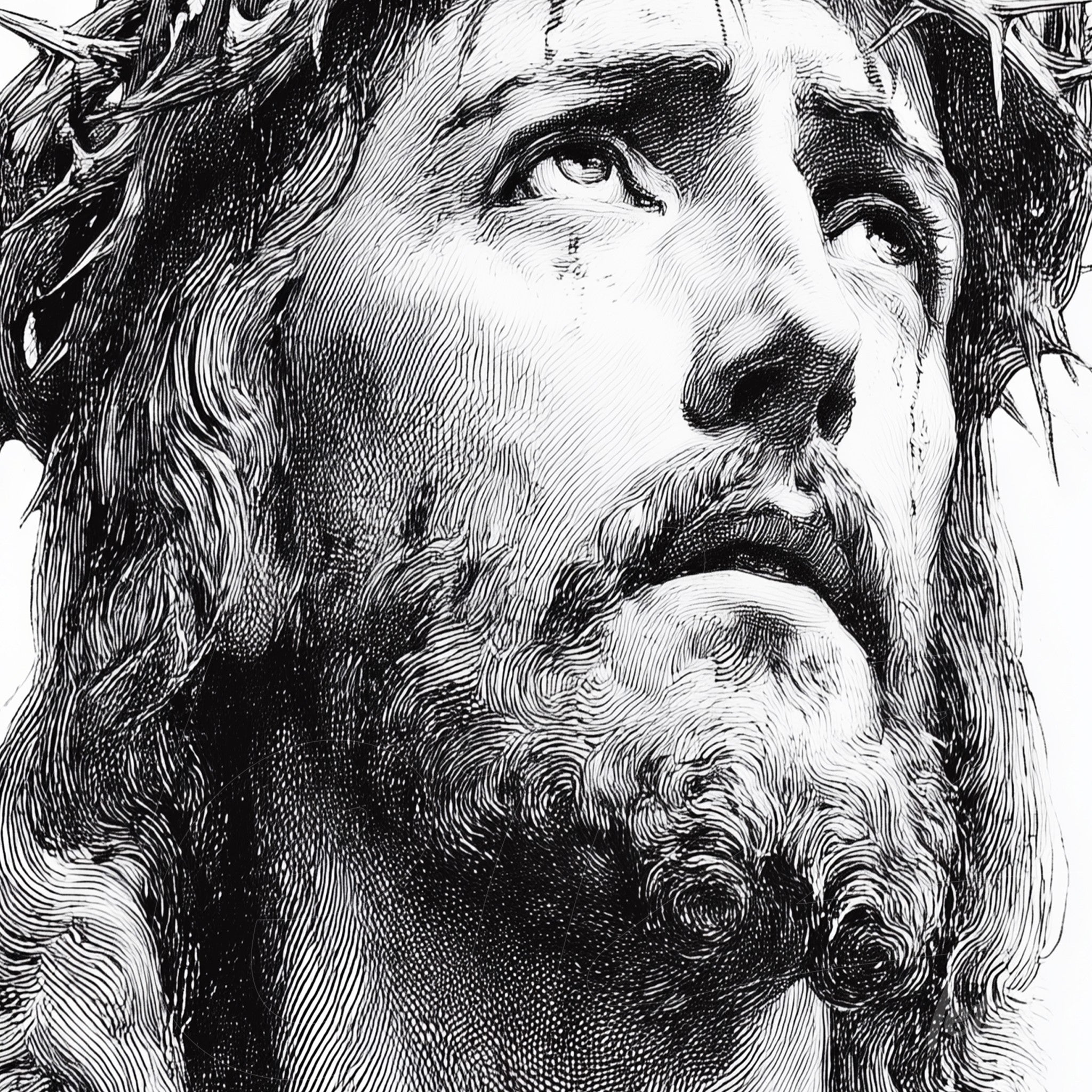 black and white illustration of Christ wearing a crown of thorns, focusing on the face and contemplative expression