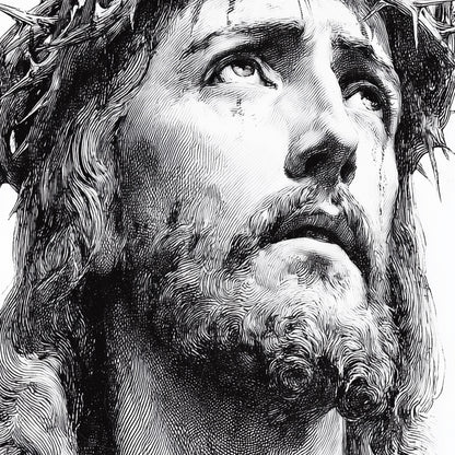 black and white illustration of Christ wearing a crown of thorns, focusing on the face and contemplative expression