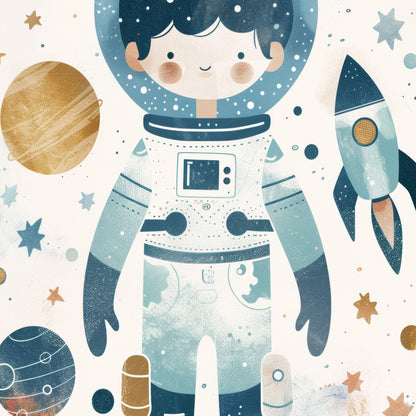 fun illustration of a smiling astronaut with planets and a rocket in the background, in a children's art style