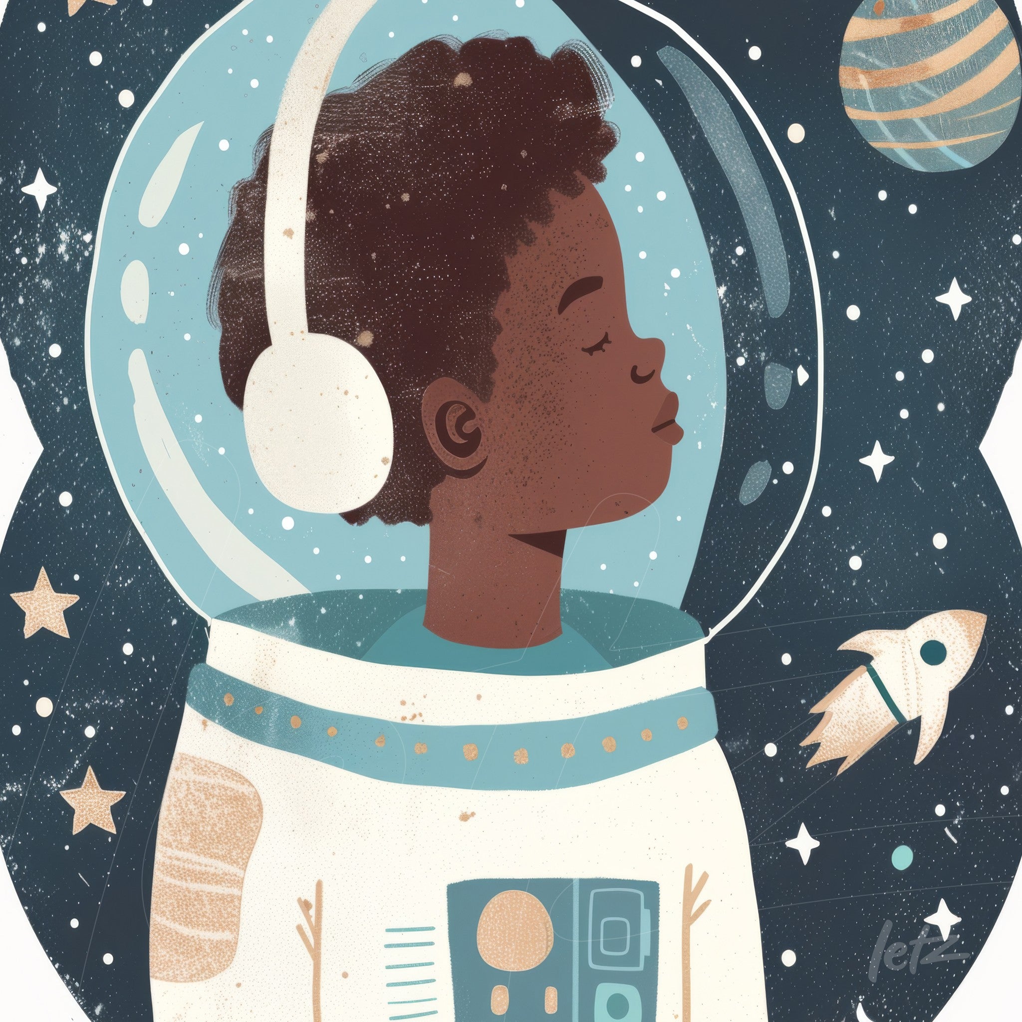 digital artwork of a black astronaut wearing a space suit and helmet, set against a starry background with planets and a rocket