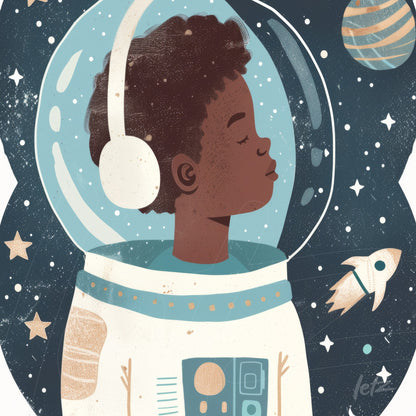 digital artwork of a black astronaut wearing a space suit and helmet, set against a starry background with planets and a rocket