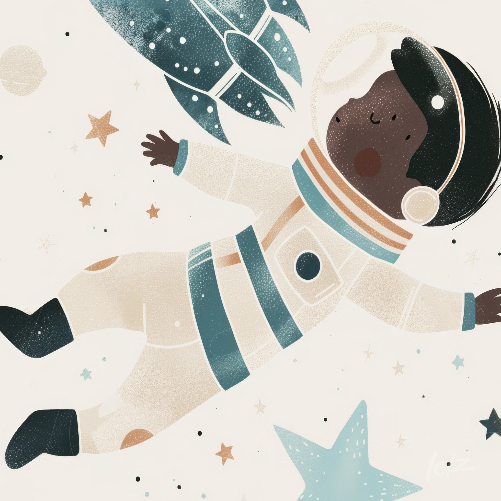 framed artwork of a young astronaut floating in space surrounded by stars and planets in a colorful and playful style