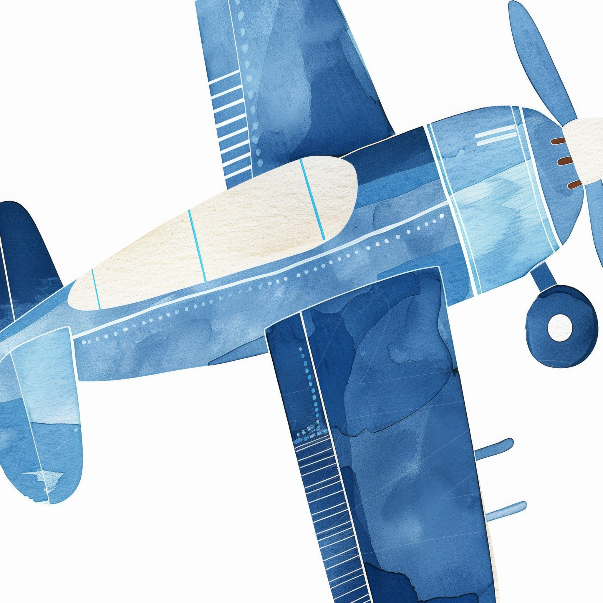 watercolor illustration of an airplane in shades of blue, featuring details in the wings and fuselage